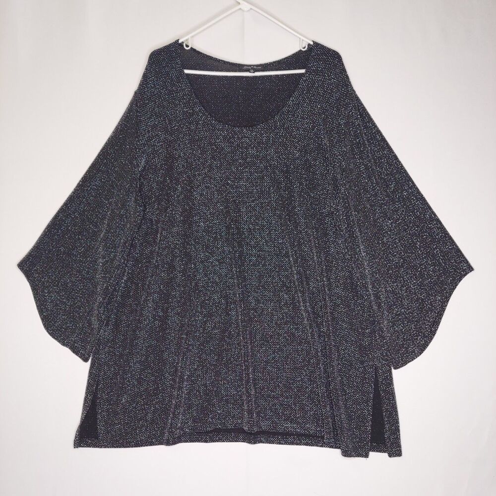 Slinky Brand Metallic Top Womens 3X Black Silver Knit Flare Sleeve Stretch Scoop